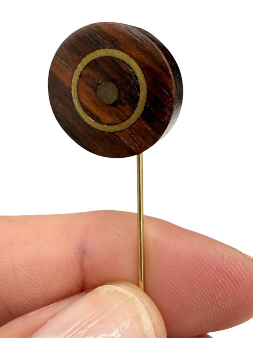 Vintage Brass and Wood Target Motif Stick Pin- Lapel Pin- Geometric Design
